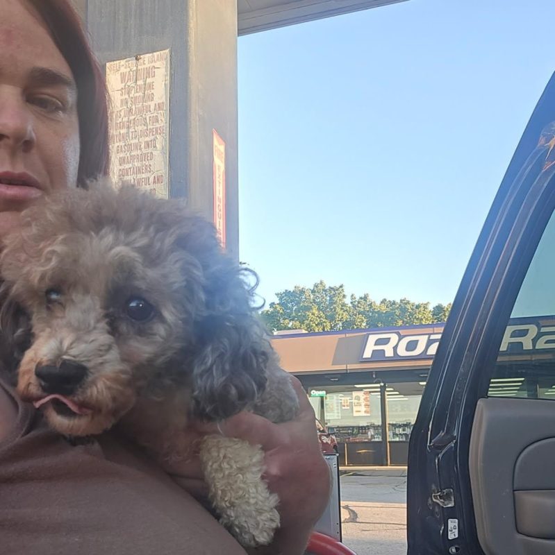 A person holding a small, curly-haired dog with its tongue sticking out while using a pet transporter at an Iowa gas station.